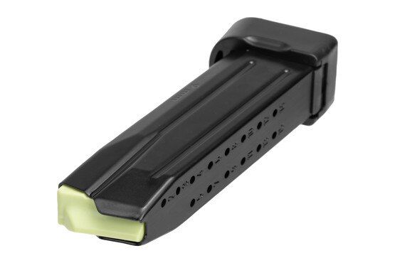 Steel pistol magazine with highly visible follower.